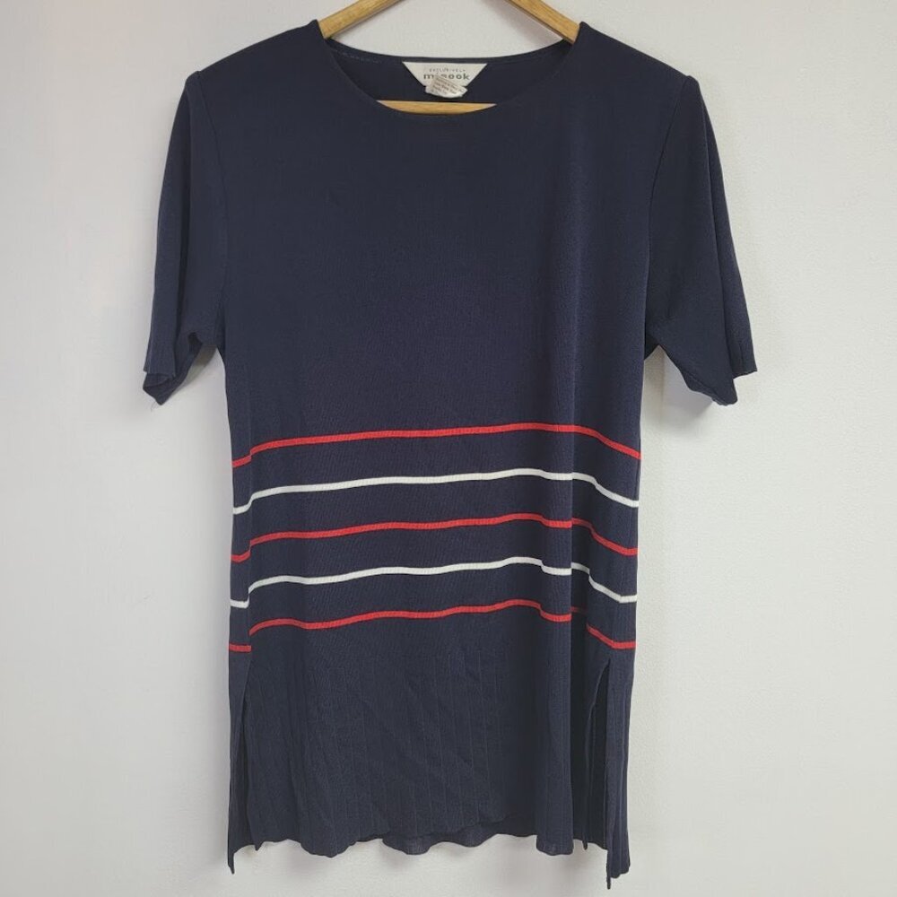 Exclusively Misook Striped Knit Sweater Size M Blue Short Sleeve Slits Acrylic